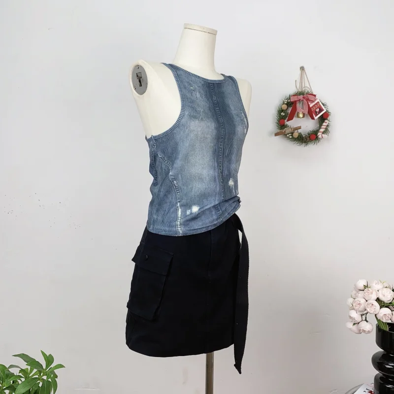 Blue Denim Vest T Shirt For Women Solid Sleeveless Personalized Summer Fashion Y2K Style Female Clothing Versatile Short Tops