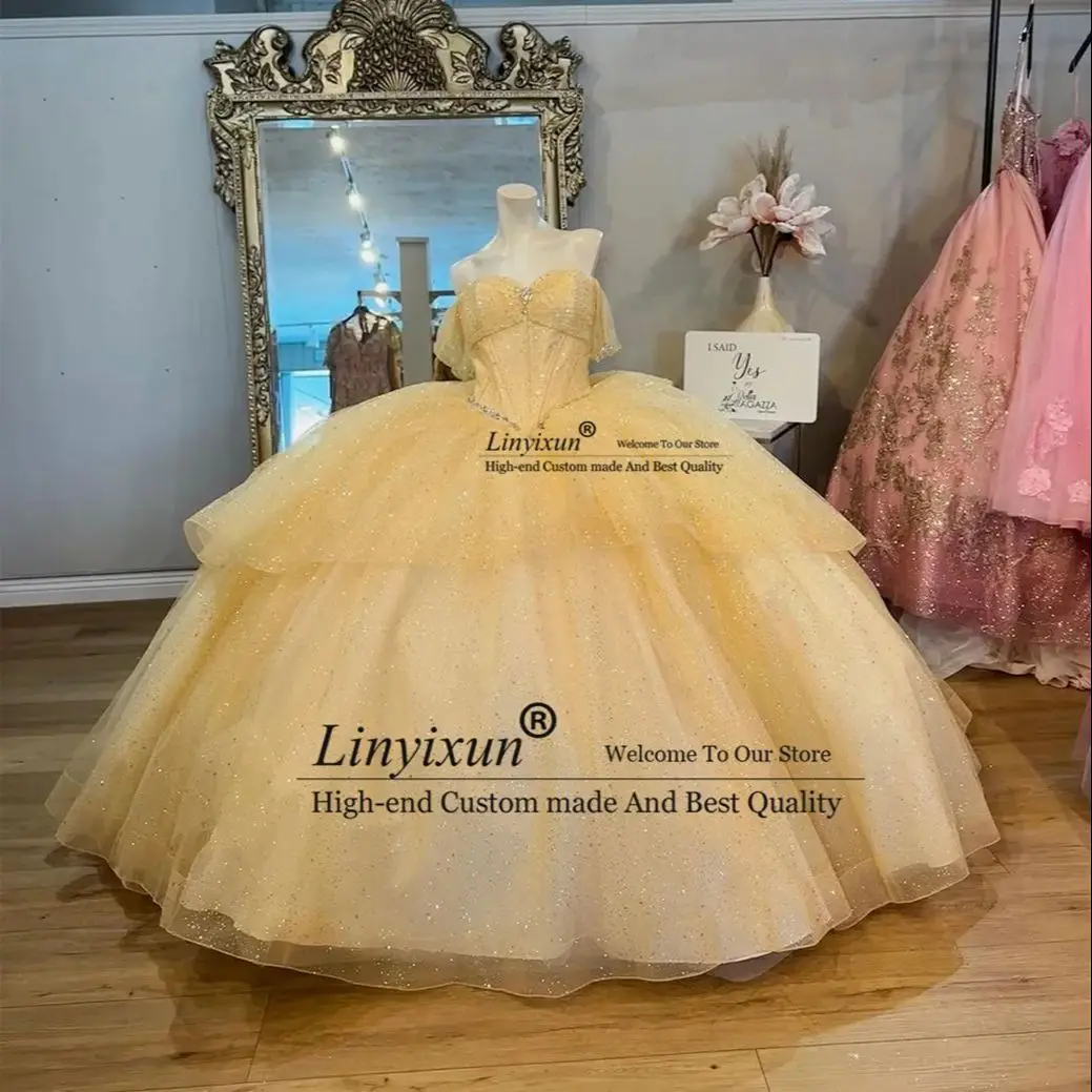 

Mexican Champagne Quinceanera Dress Ball Gown Lace Applique Beaded Tie Straps Corset Sweet 16 Vestidos De 15 Anos