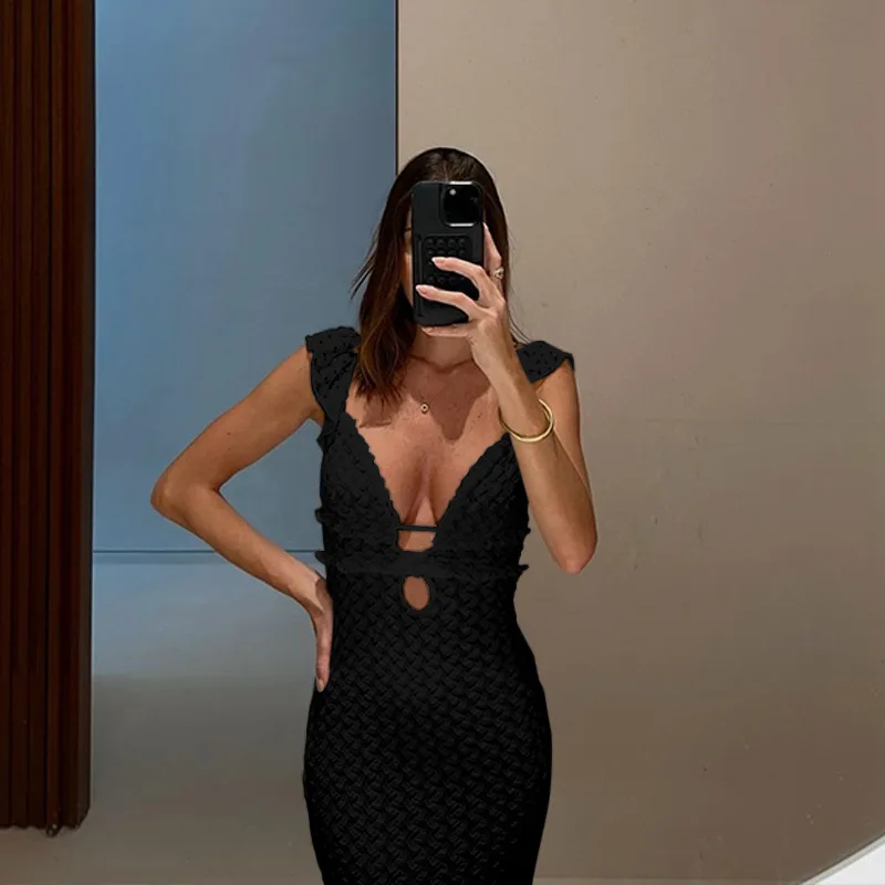 Vestido longo sem encosto com decote V, feminino, sem mangas, ver através, alça de espaguete, bodycon, praia, sexy