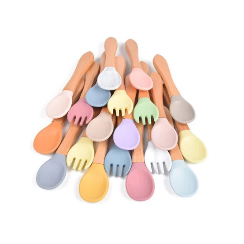 

Training Spoon and Fork Set 2Pcs Food Grade Silicone Tips Baby Feeding with Wooden Handle Toddlers Infant Eat Independently