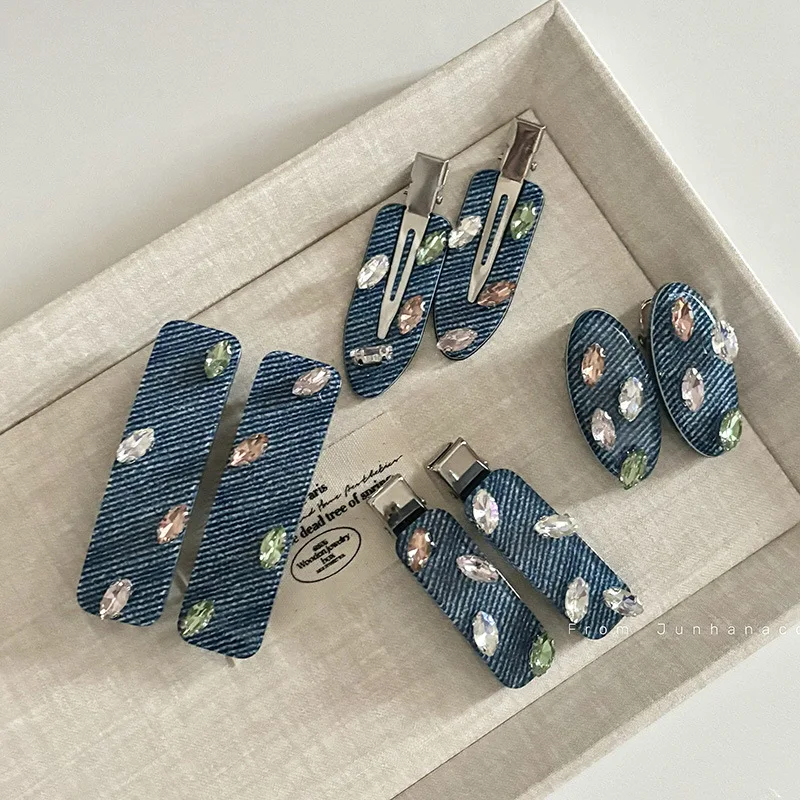 Colorful Crystals Girl Denim Barrettes Acetate Duckbill Clip Spring Clip Fashion Sweet Lady Hair pin Side Clip Hair Accessories