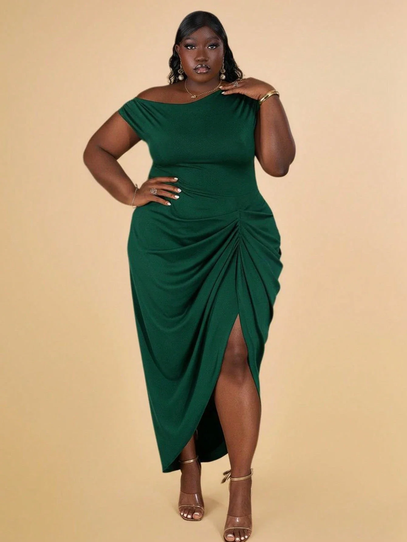 

Plus Size Women Elegant Asymmetrical Neck Ruched Draped Midi Dress With Slit