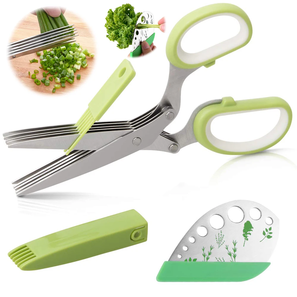 Herb Scissors Stripper Set, Kitchen Shears Cutter Tools, 5 Blades Multi Purpose Scissors, 2 in 1 Herb Stripping, Cleaning Brush