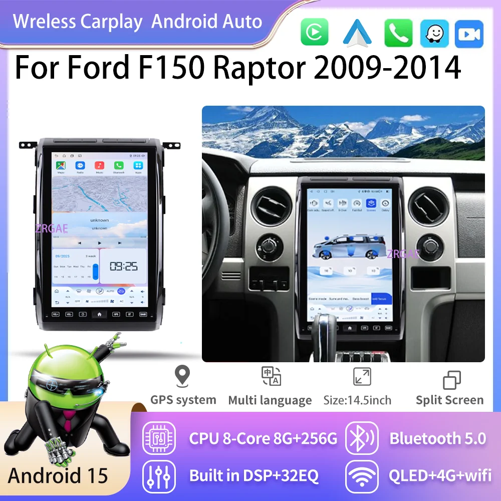 14.5 "Android15 Carplay اللاسلكية لفورد F150 رابتور 2009-2014 تسلا نمط سيارة لتحديد المواقع والملاحة مشغل وسائط متعددة 2.5kHeadunit HD #1