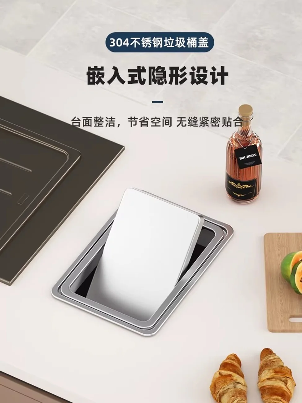 Stainless Steel Kitchen Countertop with Embedded Garbage Bin Cover Swinging Design for Modern Home