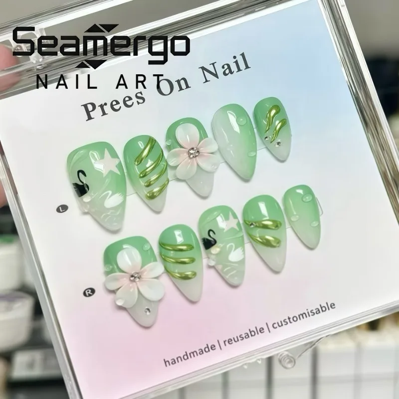 

24PCS Simple Green Gradient French False Nails Sweet Swan 3D Flower Press on Nails Y2k Star Golden Pattern Fake Nails Full Cover