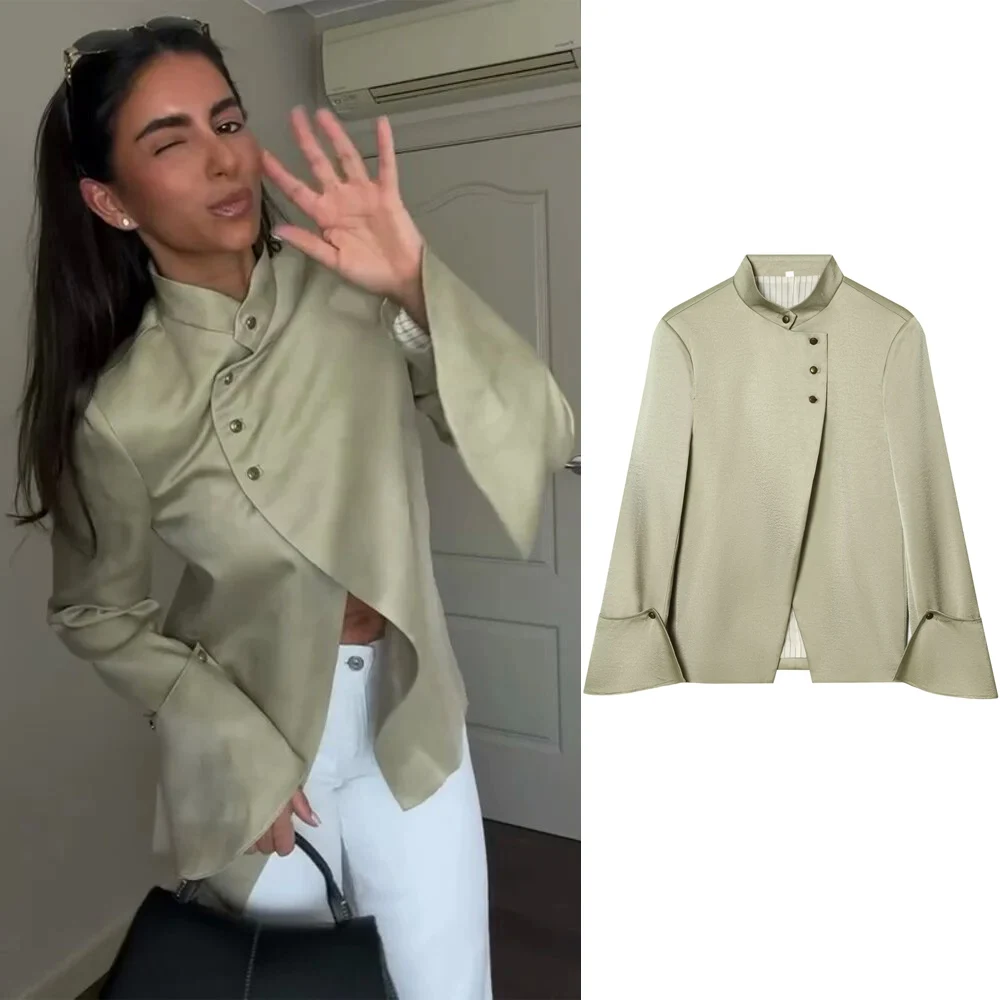 

Side Button Ruffle Hem Satin Blazer Stand Collar Flare Sleeve 2026 Spring Elegant Women Outerwear Fashion Versatile Lady Jacket