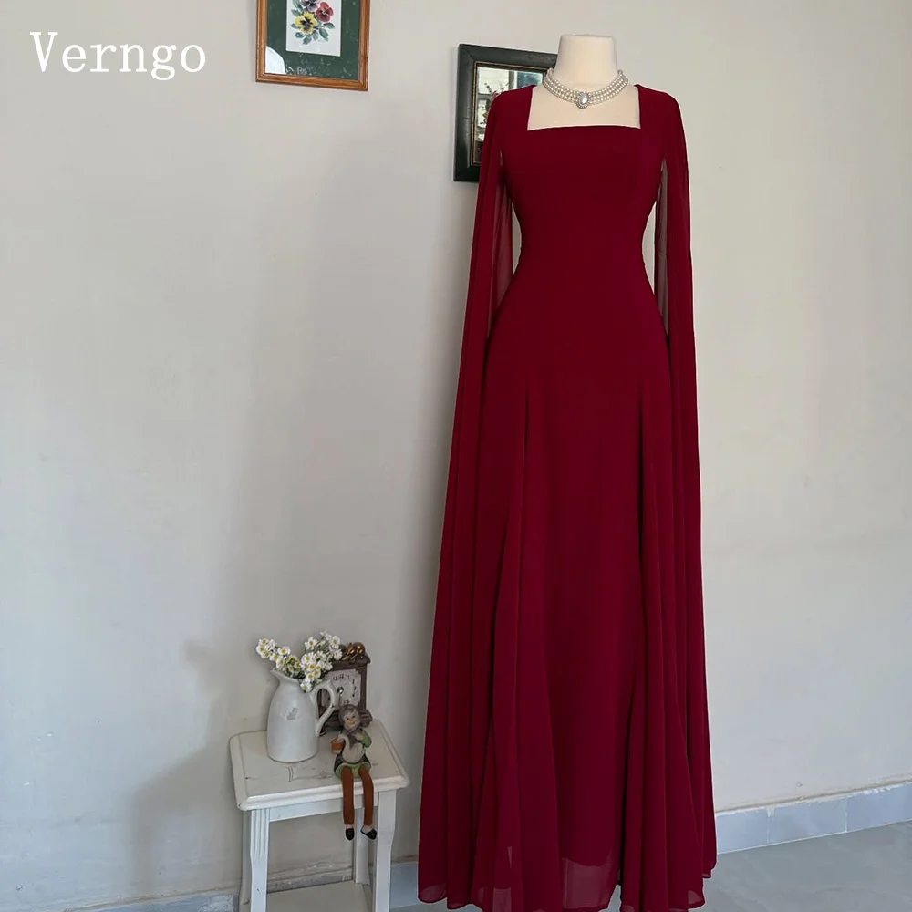 

Verngo Burgundy Chiffon Evening Dress Square Collar A Line Prom Dress Flowing Hand-pleated Silk Prom Party Dress Customized