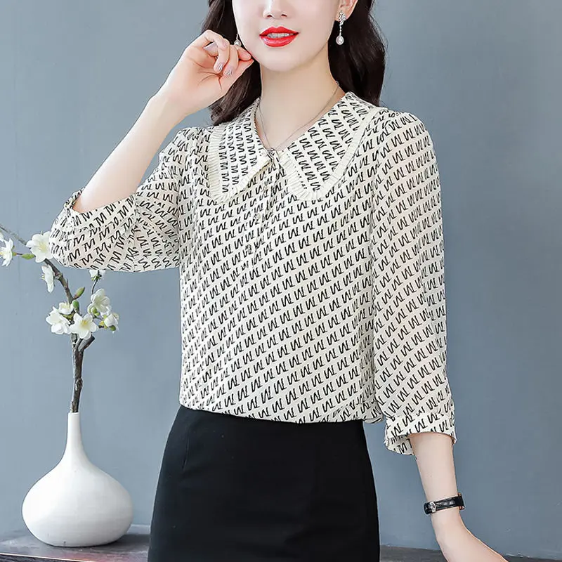 

Mom's Fashionable 3/4 Sleeve Blouse Doll Collar Chiffon Shirt Women's Spring Autumn New Print Bottoming Top M-4XL