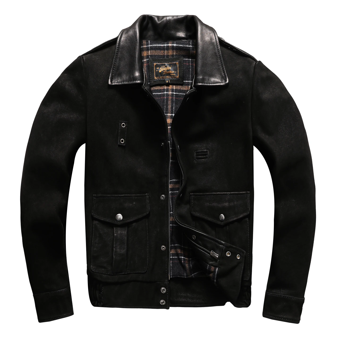 Black Autumn Leather Jacket Men Retro Style Plus Size 5XL Genuine Natural Thick Cow Suede Turn-Down Collar Mounted Police Coat