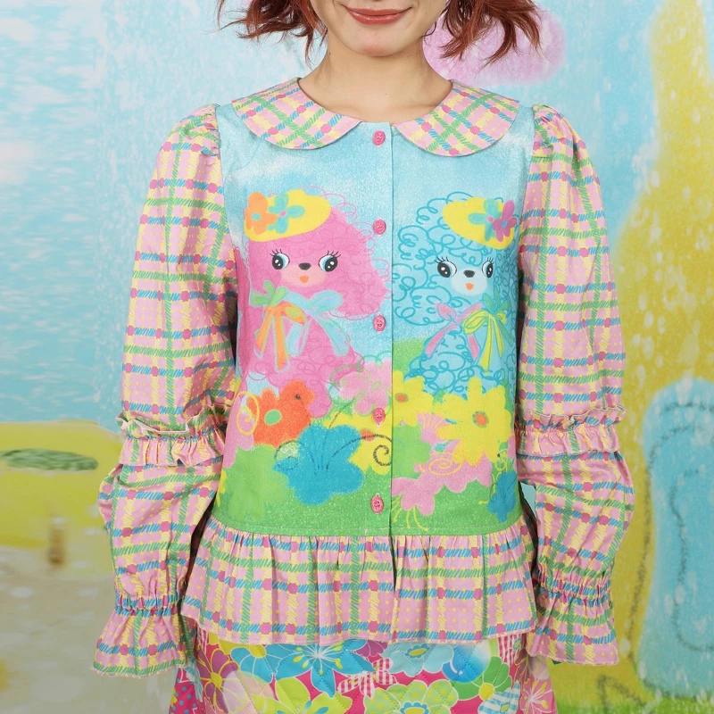 Original Design Cute Pink Animal Print Women's Clothing 2025 Autumn New Sweet Girl Y2k Plaid Splicing Versatile Shirts Ladies