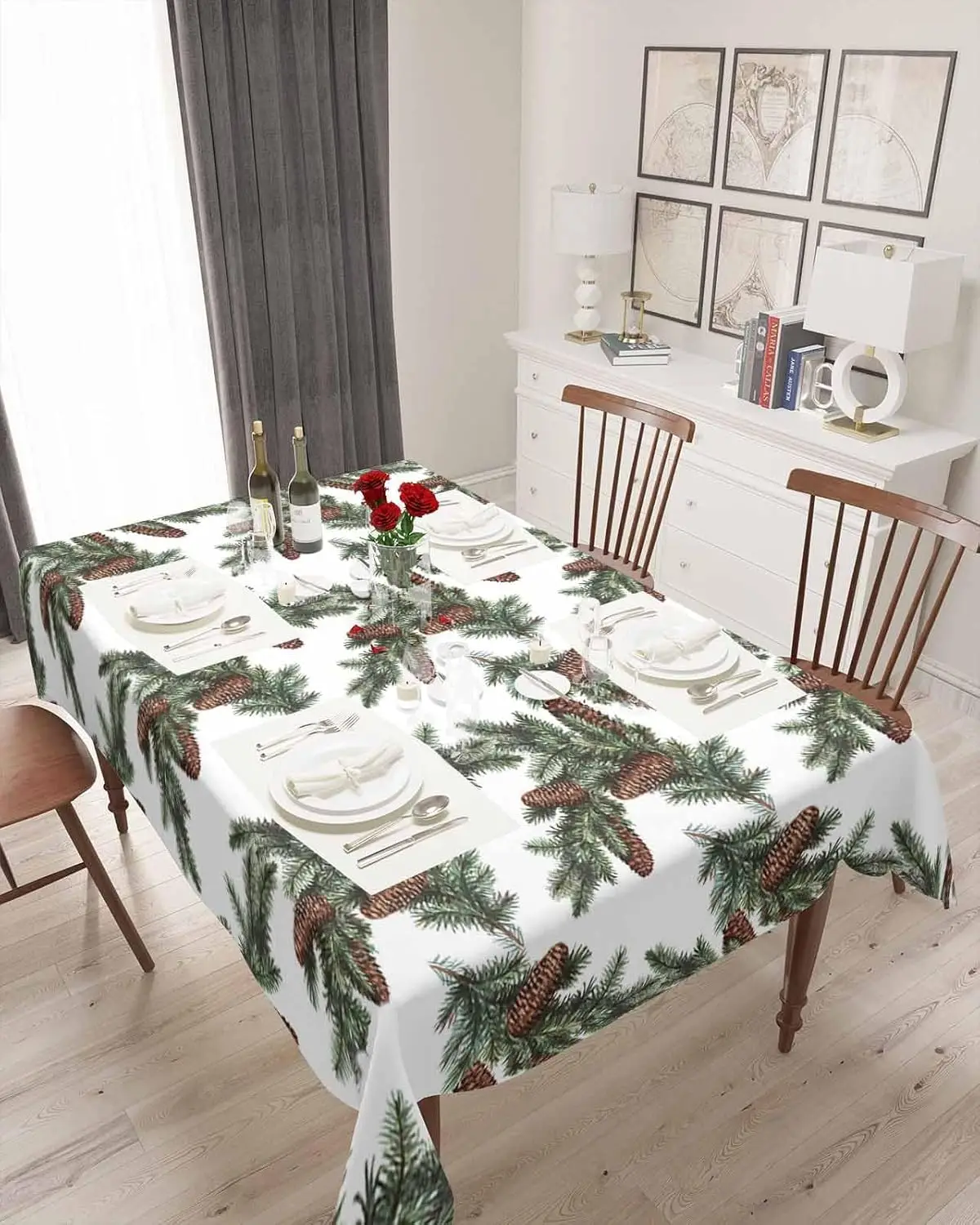 Christmas Pine Cones Branches Waterproof Tablecloth Table Decor Winter Xmas Kitchen Dining Tablecloth Christmas Decorations