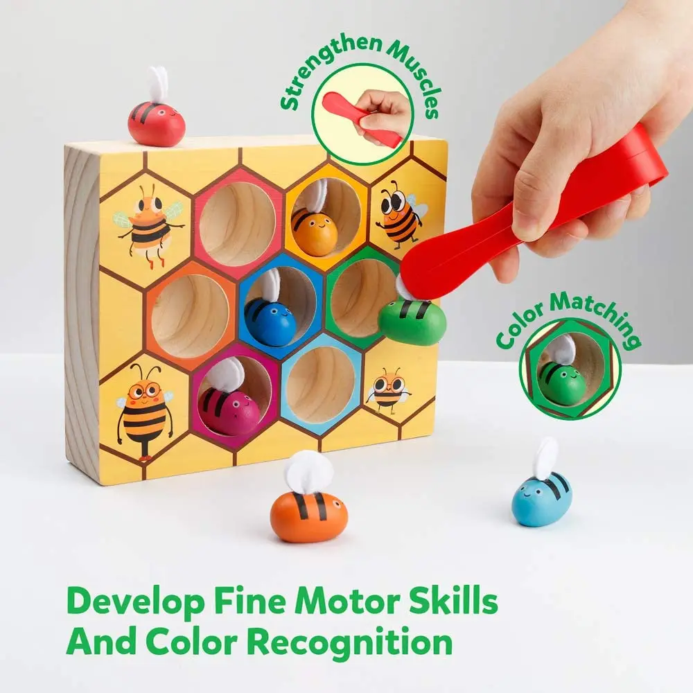 Coogam Toddler Fine Motor Skill Toy Clamp Bee to Hive Matching Game Montessori Wooden Color Sorting Puzzle Early Learning Pre