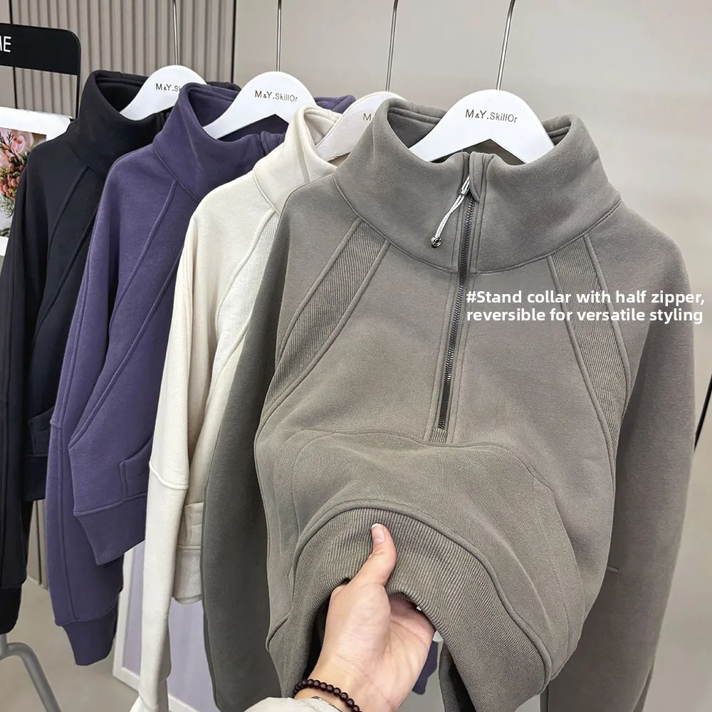 Women's Fleece Lined Hoodie 980 Sports Yoga Loose Fit Short Style Half Zipper Slimming Effect Casual Commute Fashion