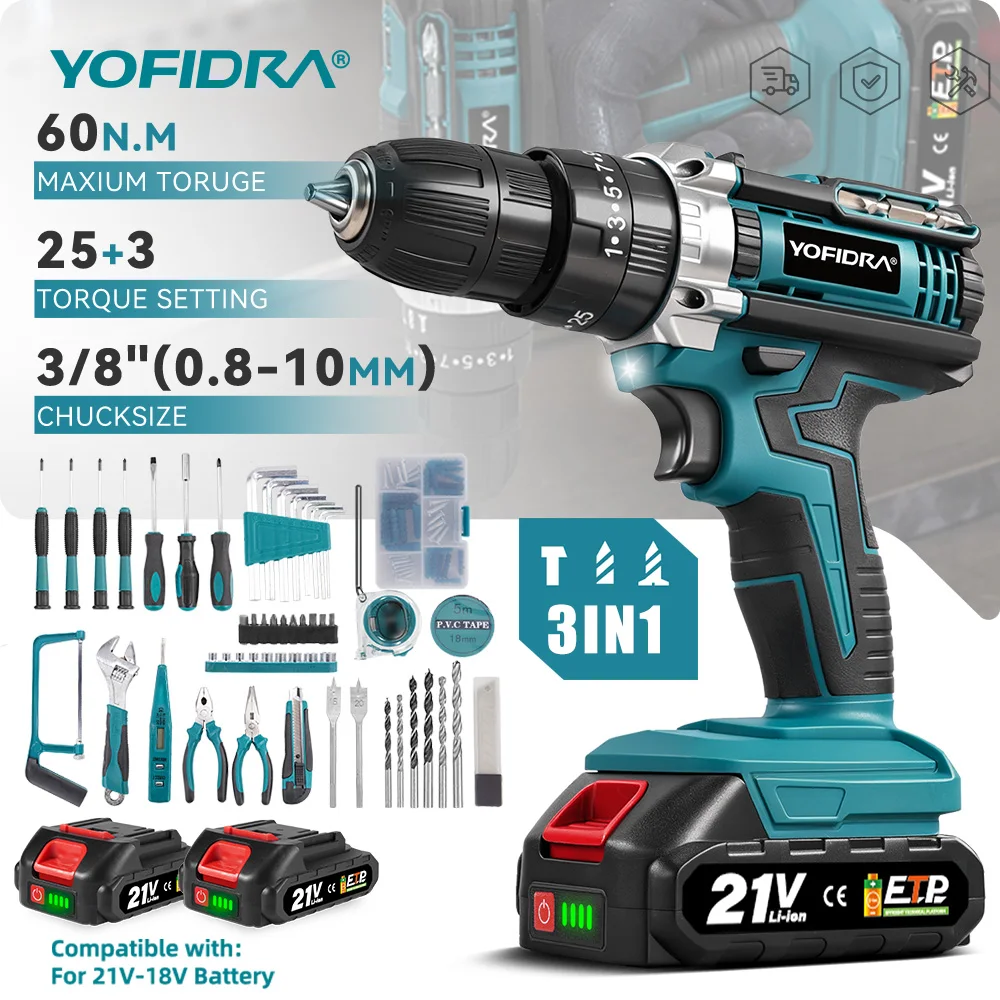 YOFIDRA 60N.M Elektrische Schlagbohrmaschine 25 + 3 Drehmoment Akku-Elektroschrauber mit 32/53PCS Werkzeugset Elektrowerkzeug für 21V-Batterie