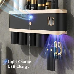 Punch Free UV Toothbrush Holder Toothpaste Dispenser Solar Energy Toothbrush Storage Box Household Bathroom Accessory Set Black