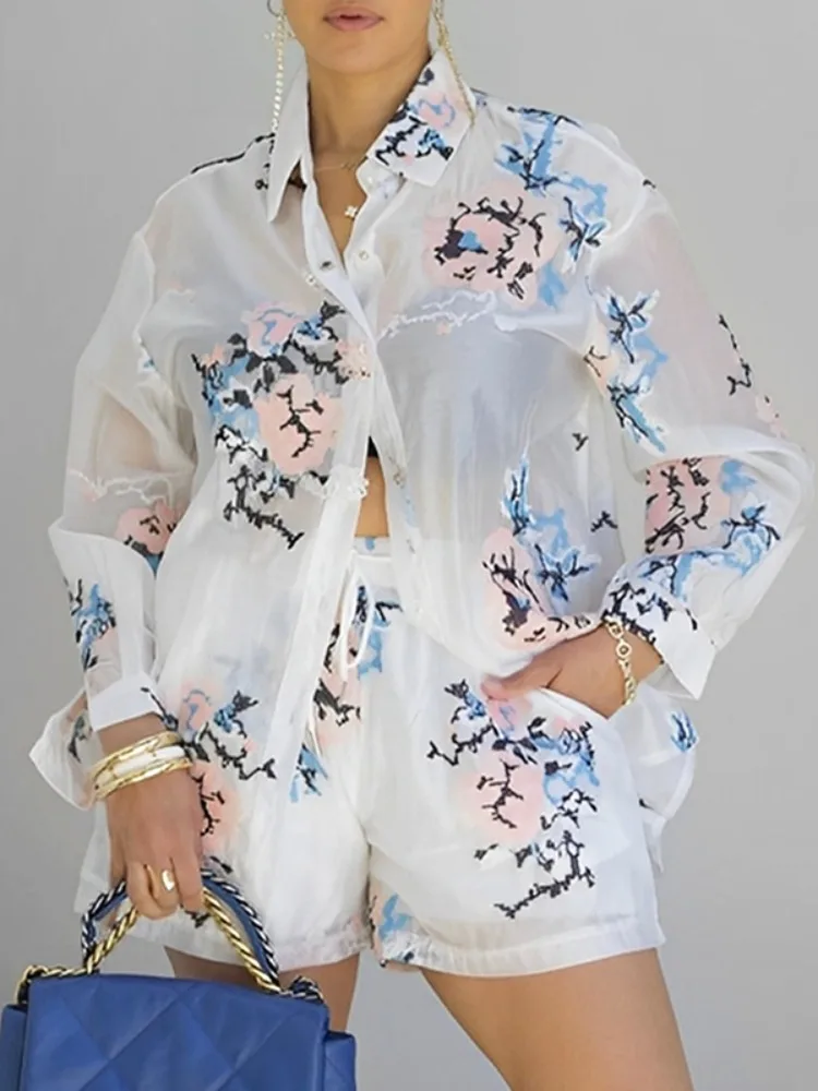 

UOOZEE Women Fashion Floral Printed Sexy See-Through Lapel Blouses 2025 New Summer Long Sleeves Loose Vacation Beach Shirts Tops