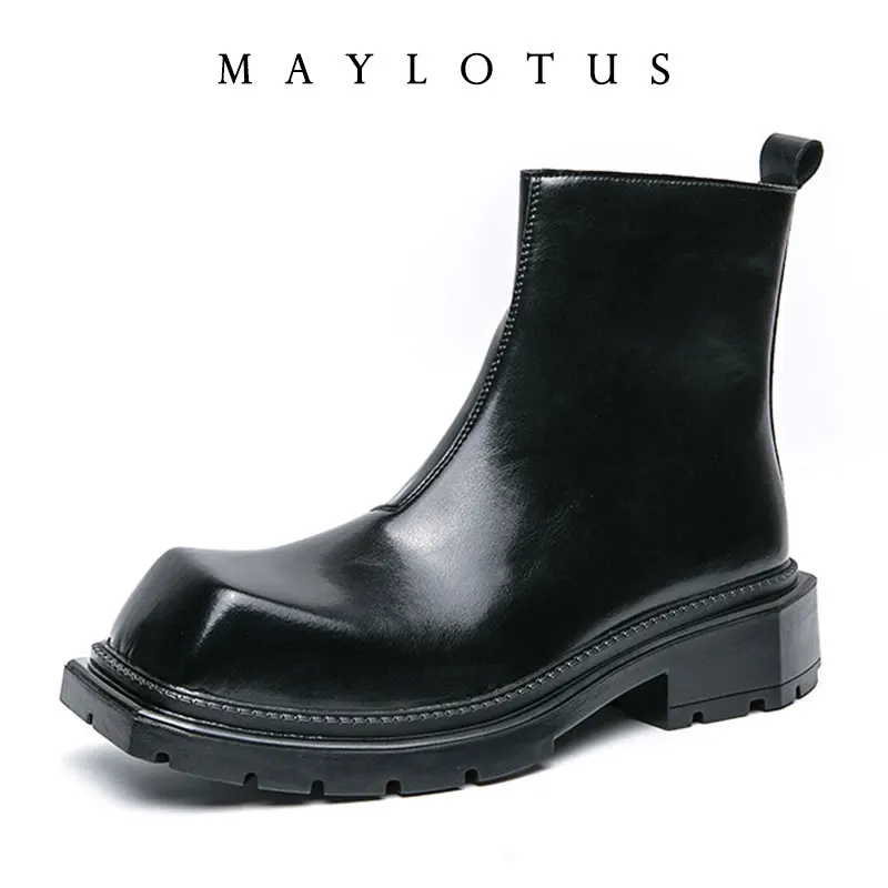 

New Large Square Toe Thick Sole Chelsea Boots Genuine Leather Women/men Style Black Slip On Platform Fashion Mid-Calf Boots