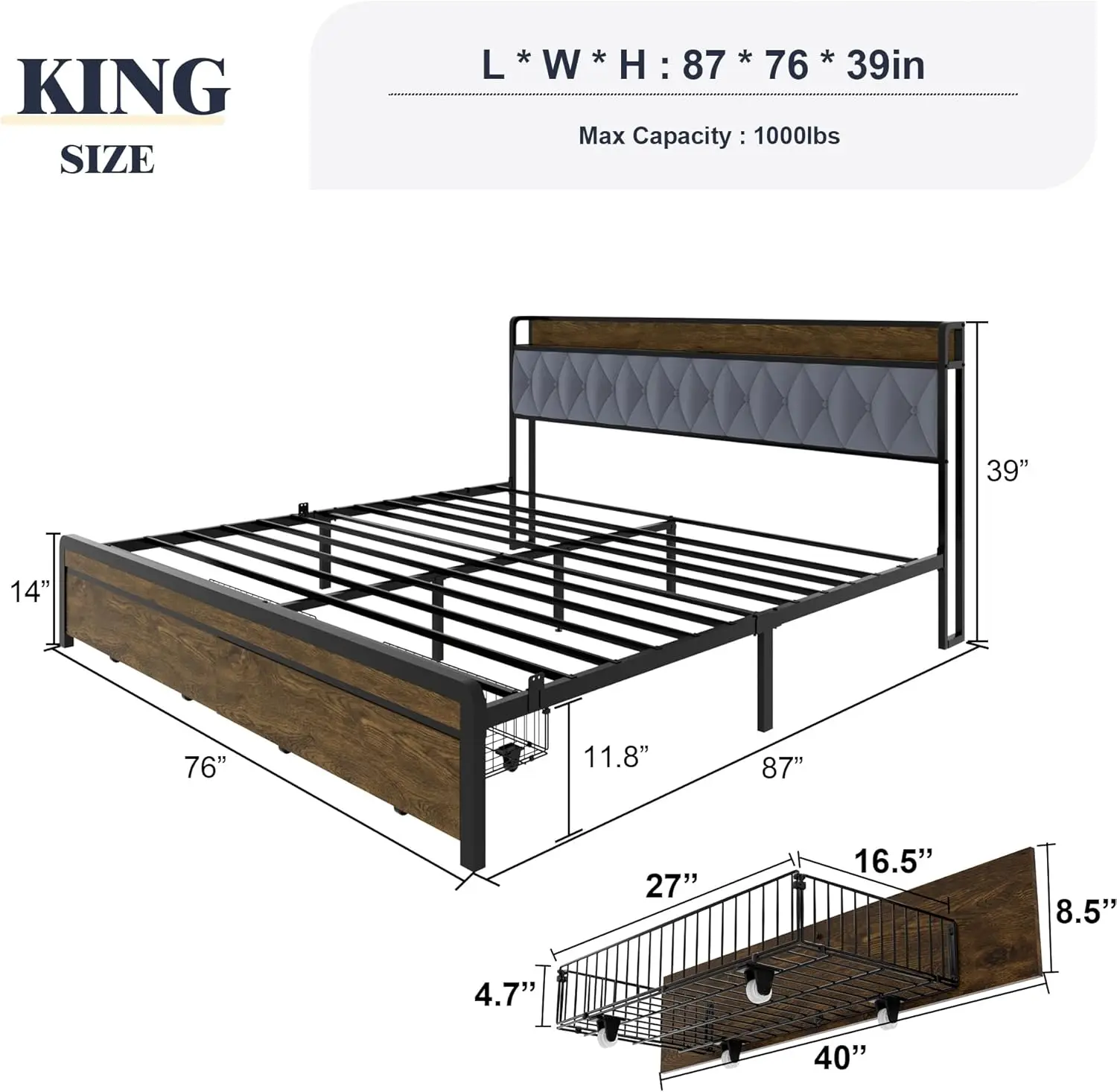 King Size Metal Platform Bed Frame With 2 Storage Drawers & Led Light, Velvet Button-Tufted Headboard With Outlet & Usb