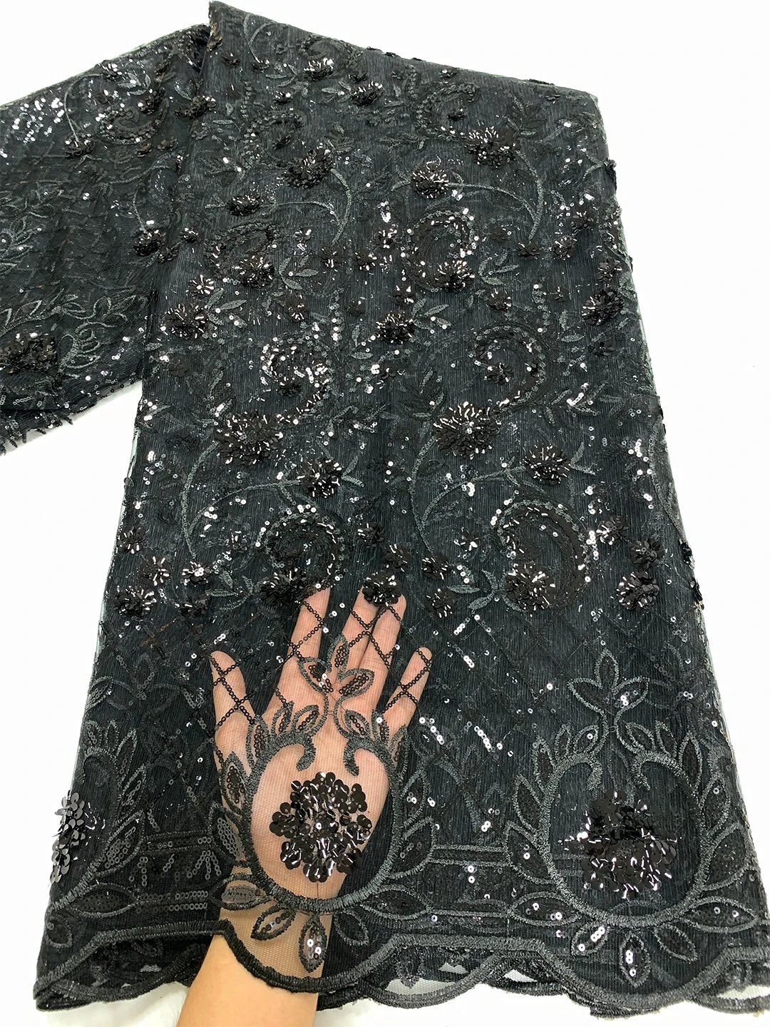 Black African Mesh Lace Fabric 2024 High Quality African Luxury Sequins Tulle Lace Fabric Nigerian  For Women Evening Prom Dress