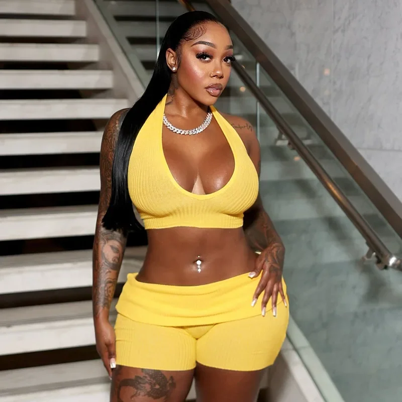 

Women Solid Ribbed 2 Piece Set Summer Tracksuits Sexy V-neck Halter Backless Lace Up Tank Crop Tops + Lapel Waist Shorts Suits