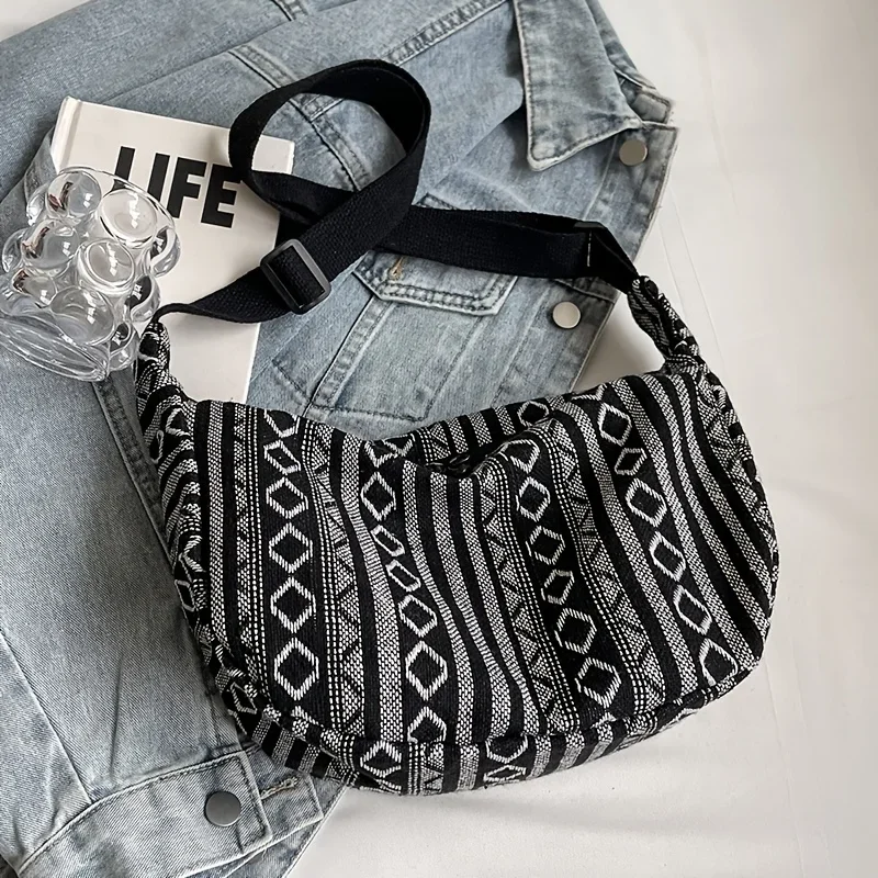 Gestreiftes Muster, Umhängetasche im Tribal-Stil, faltbare Umhängetasche mit Reißverschluss, handwaschbares, lackiertes Futter mit Flaggenmotiv – Detail 5