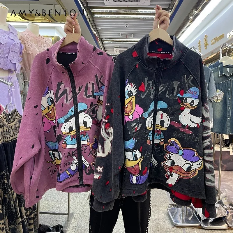 

2025 Autumn Loose Mid-Length Color Block Printed Baseball Jacket For Women's Zipper Long-sleeves Casual Coat Outerwear Ladies