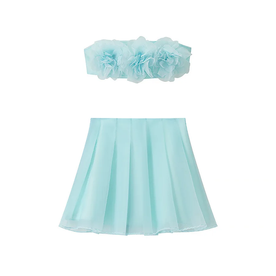 Summer new French romantic sweet seaside holiday style flower decoration off-shoulder top stunning mini skirt suit