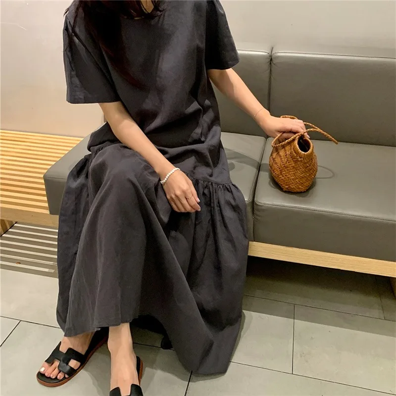 Été nouveau coréen Sle ample minceur ort Sve Dr femmes grande taille décontracté Fi queue T-shirt jupe longue a-ligne Dr