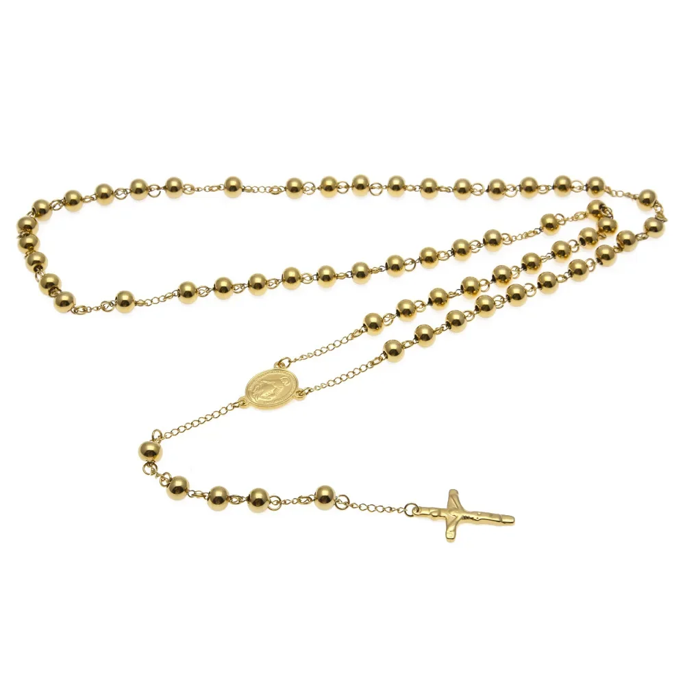 Stainless Steel Christian Rosary Catholic Beaded Chain Cross Pendant Necklace