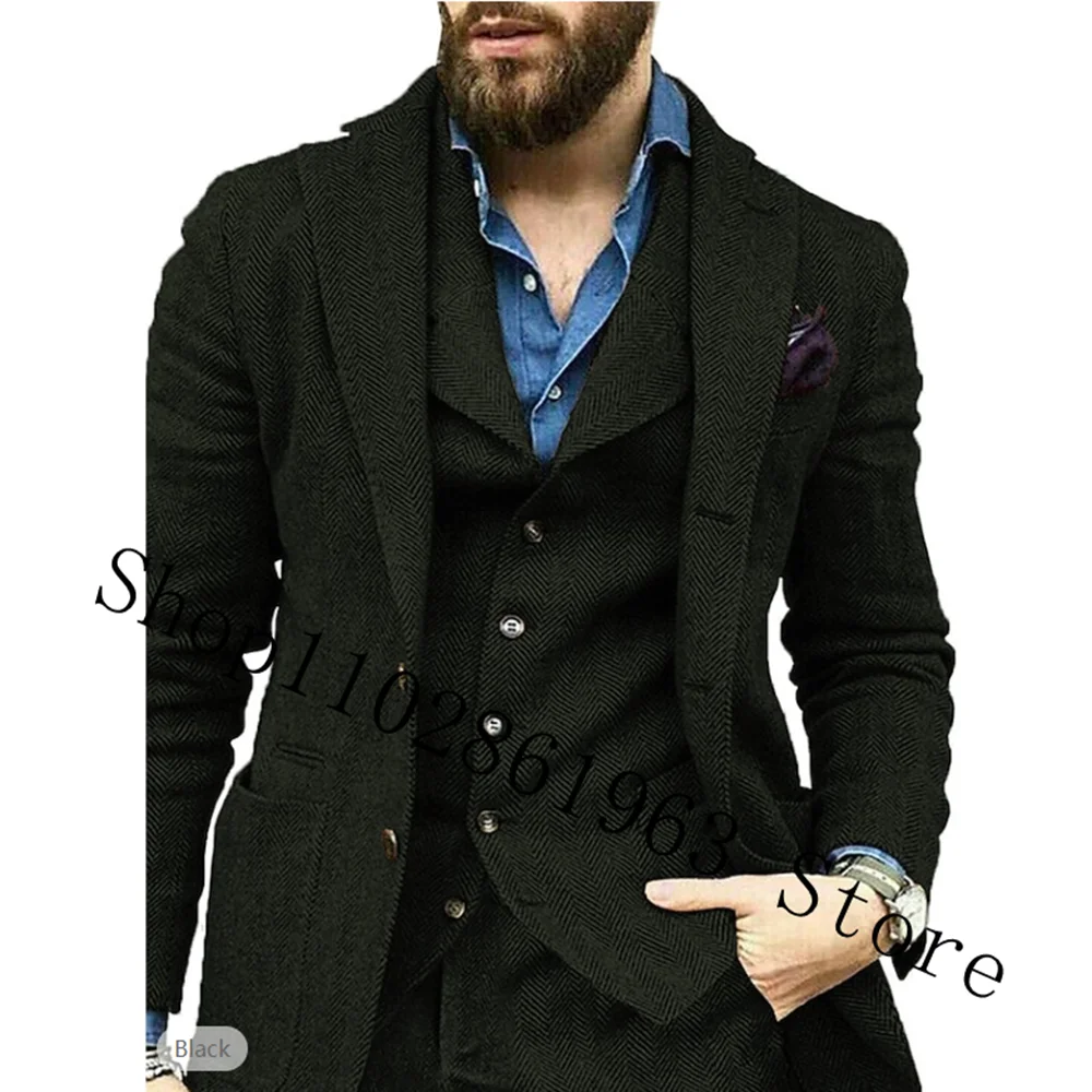 Erkek takım elbise 3 parça siyah yün balıksırtı takım elbise resmi iş Groomsmen tüvit düğün smokin Blazer + pantolon + yelek kostüm Homme