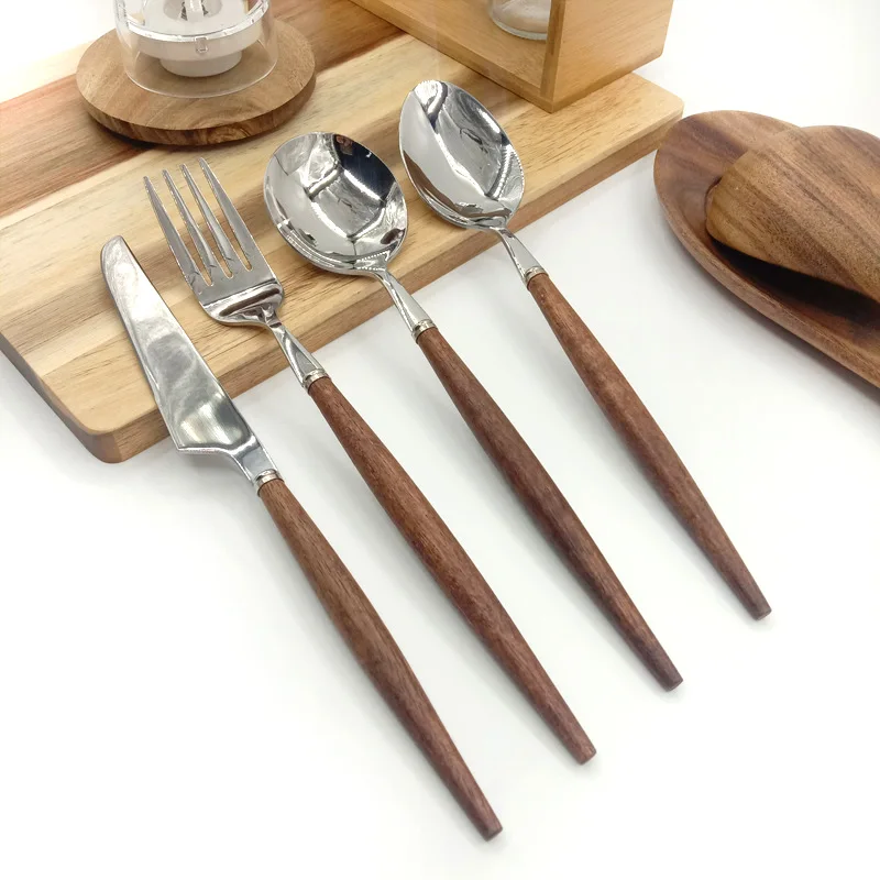 Stainless Steel Tableware Western Food Tableware Hotel Knives Forks Spoons Wooden Handles Creative Minimalist Retro Set