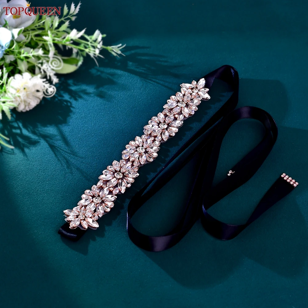 TOPQUEEN Wedding Belt Women Green Luxury Belts Rhinestones for Dresses Moroccan Rose Gold Bridal Satin Diamond Belt S89-RG