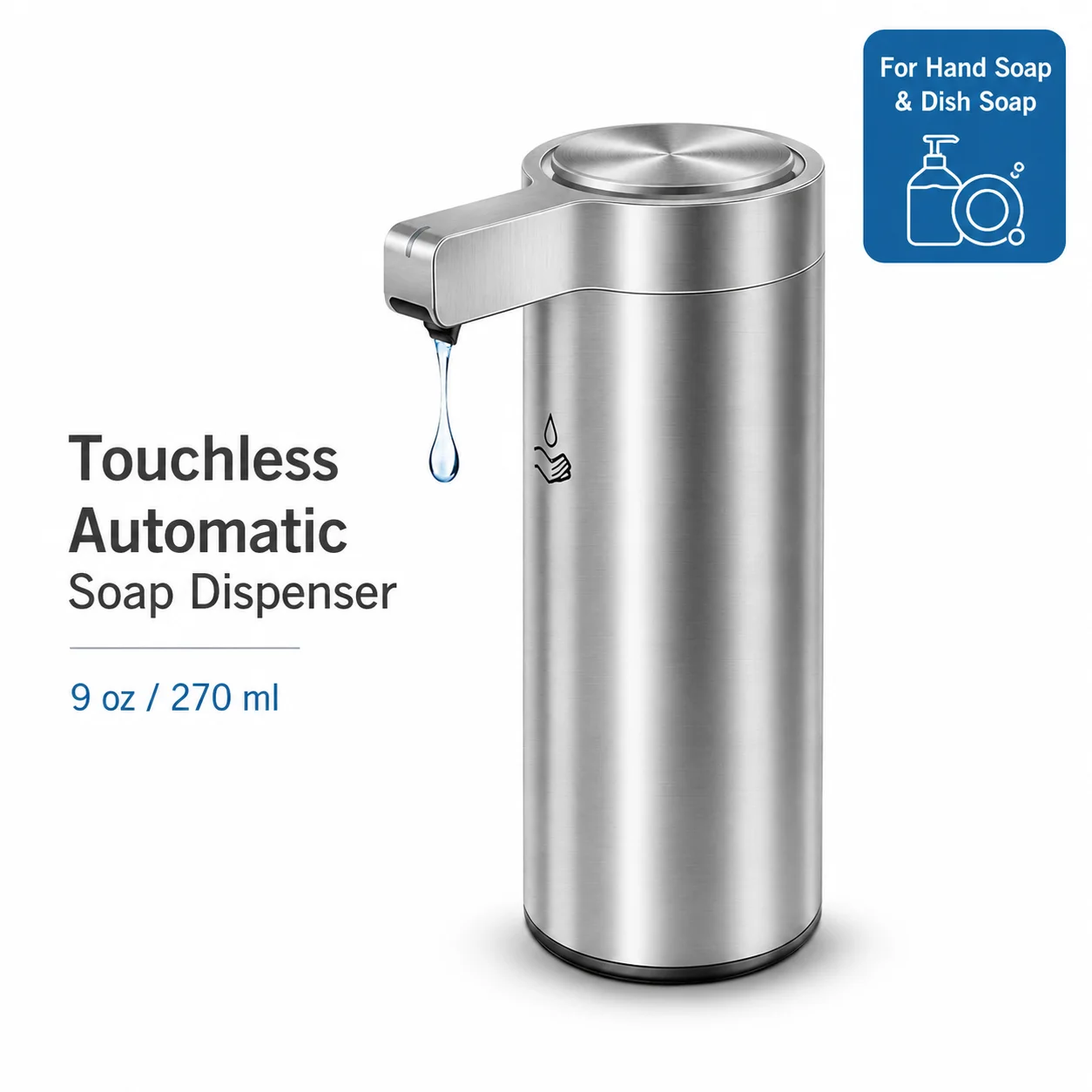 Automatic Soap Dispenser 9 Oz/270ml Stainless Steel Touchless Soap Dispenser Hand & Dish Liquid Soap Dispenser for Bathroom