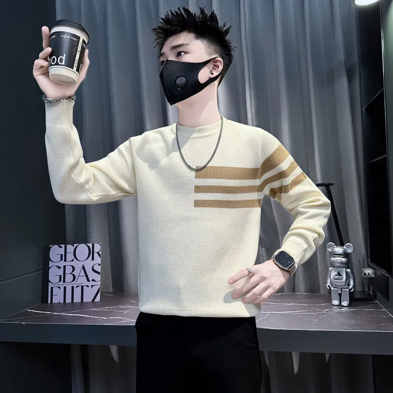 

Зимний модный мужской свитер с круглым вырезом, в полоску, с цветовыми блоками, повседневный, теплый, вязаный топ, размеры S, XS