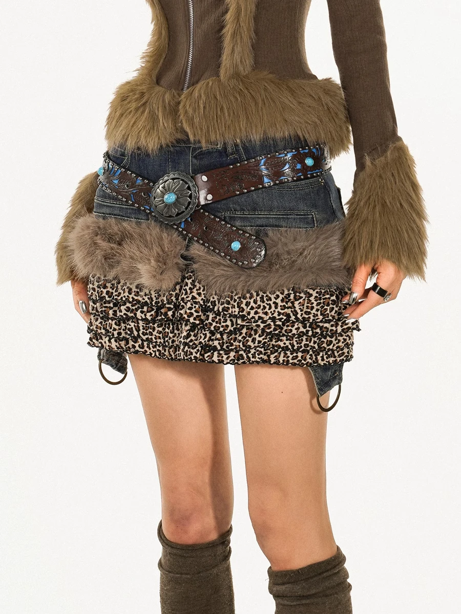 Outono inverno feminino pele do falso retalhos leopardo impressão y2k denim mini saia harajuku japonês grunge 2000s cyber punk e-girl maré