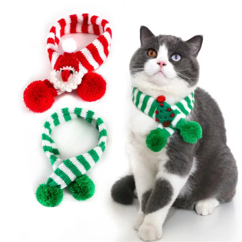 Pet Christmas Scarf Adjustable Collar Cute Cat Knitted Stripe Santa Scarf Festive Pet Gift Happy New Year Pet Hair Accessories