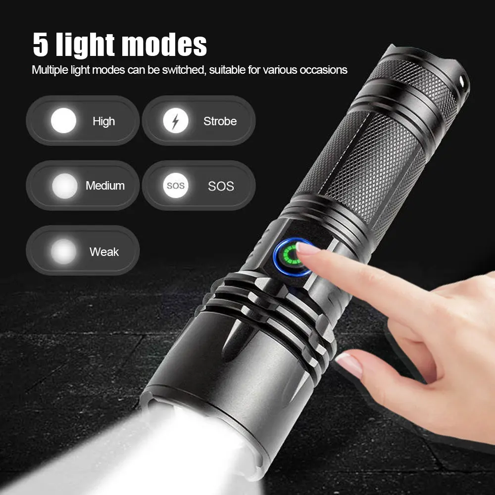 XHP50 LED USB C Rechargeable Mini 26650 Battery Flashlight 5000lm Powerful Torch Can Be Closed with One Click 1000M Flashlight