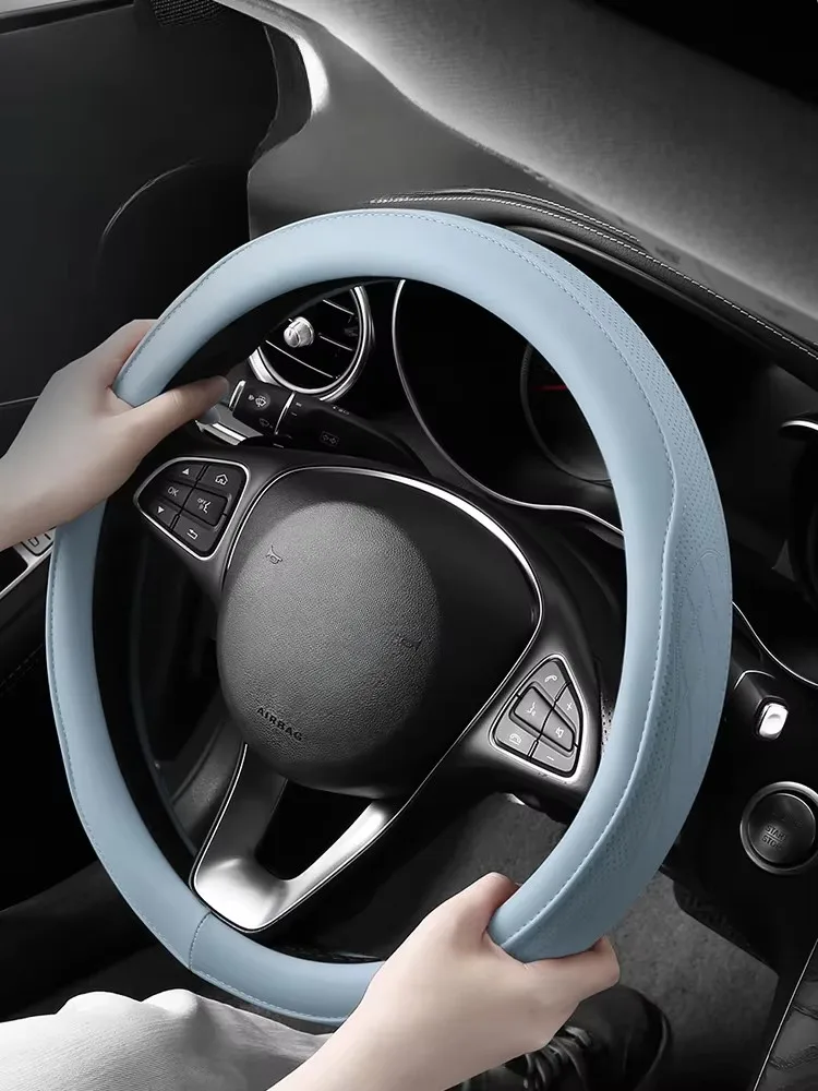PU Leather Perforated Steering Wheel Cover Durable Leather Cover with Anti-Slip Lining, Fits 14.5-15in Diameter