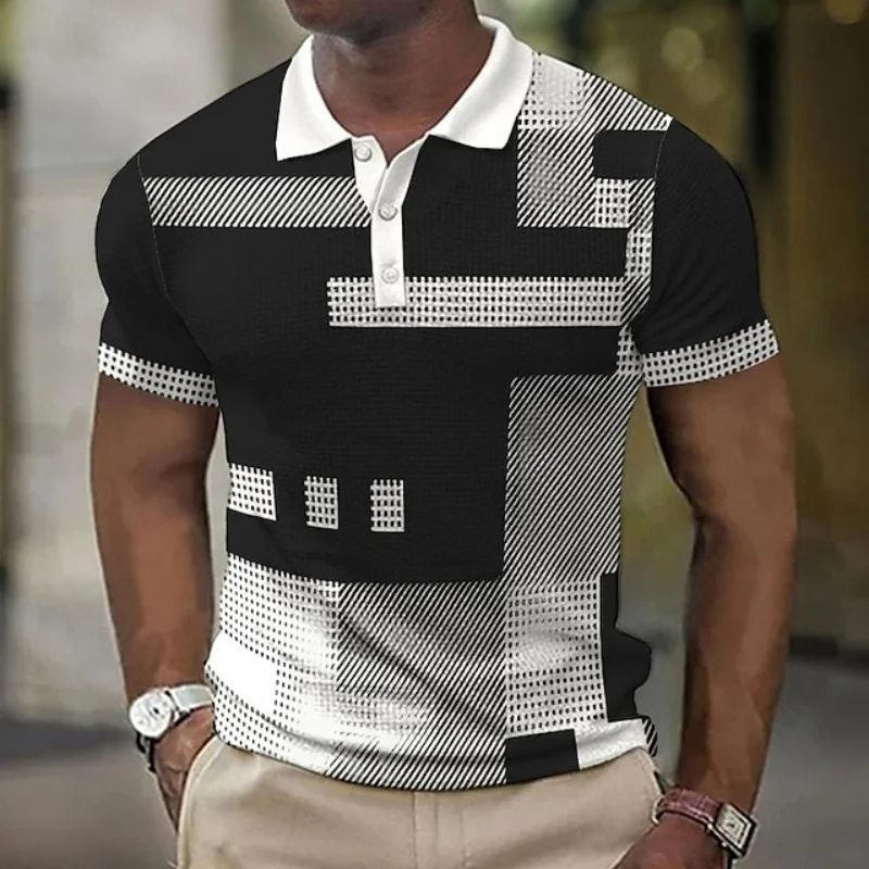 Colorful Geometry Pattern Polo Shirt Men Stripe Splicing 3D Print Tees Summer Casual Street Short Sleeve Loose T-Shirt Lapel Top