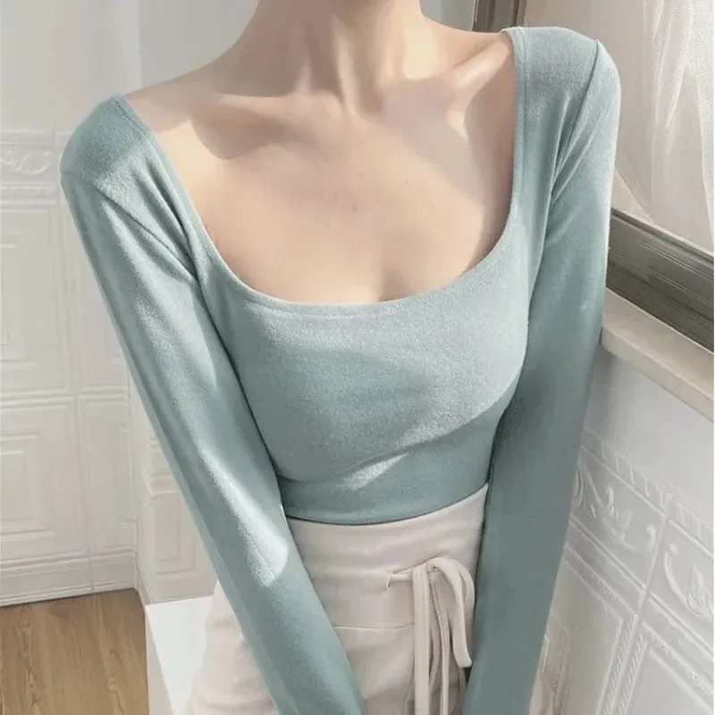 

Square Neck T-shirt Women's New Autumn and Winter Style Inner Slim Fit Bottoming Pure Desire Long-sleeved Solid Color Top