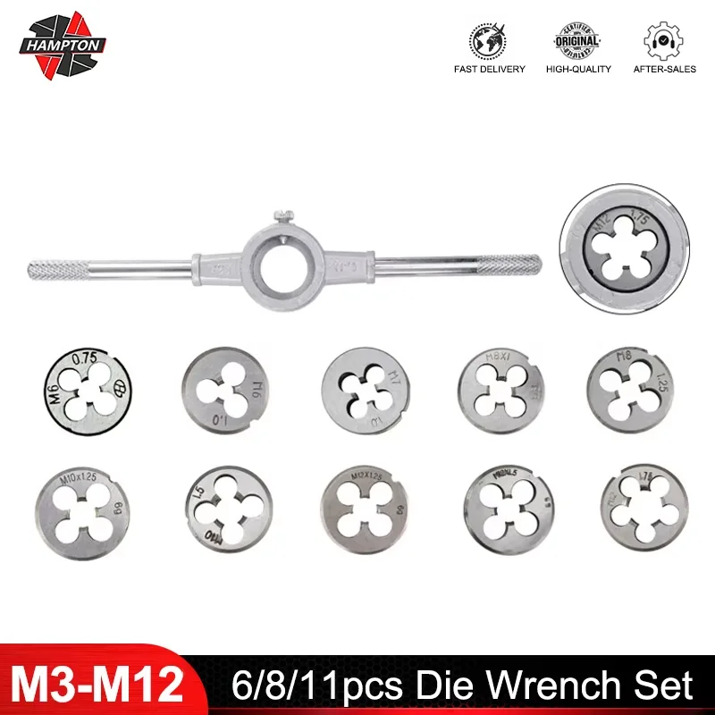 Hampton 6pcs/8pcs/11pcs Thread Die Wrench Set M3 M4 M5 M6 M7 M8 M10 M12 Metric Screw Die Adjustable Hand Tools Plug Taps