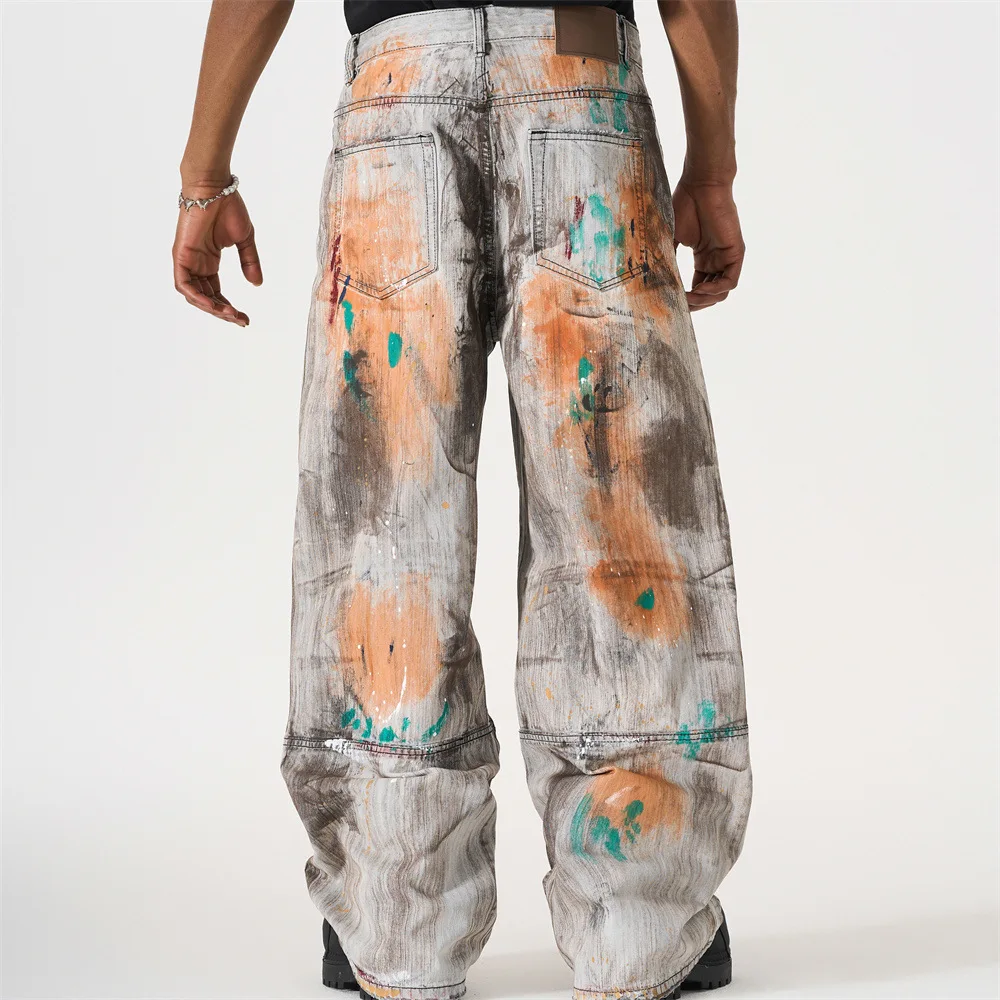 MWJLPWQ Heavy Industry Graffiti Paint Tie-Dye Jeans For Men Punk Distressed Vintage Dirty Niche Wide-Leg Straight Pants 17230