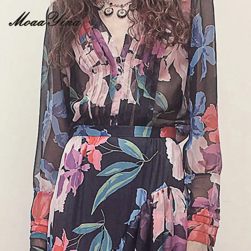 MoaaYina Spring Fashion Runway Vintage Floral Print Dress Women V Neck Ruched High Waist Ruffles Spliced Temperament Long Dress