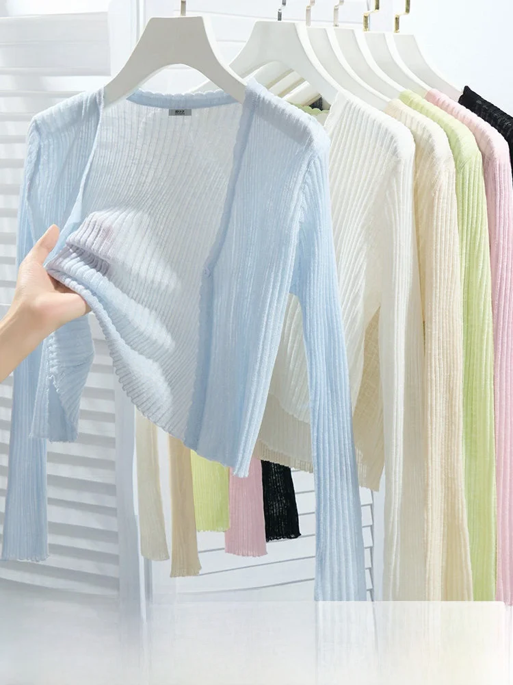 

Snow Mid-Fly Women's Light V-Neck Open Cardigan Summer New Style Hollow out Outerwear Thin Model Sweet Style Knitted Top