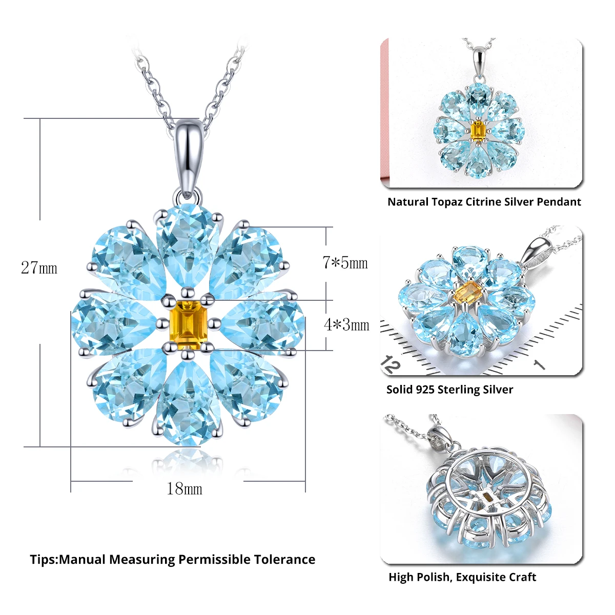 Natural Sky Blue Topaz Citrine Sterling Silver Pendants 6.5 Carats Genuine Multicolor Gemstone Romantic Fine Jewelrys Gifts