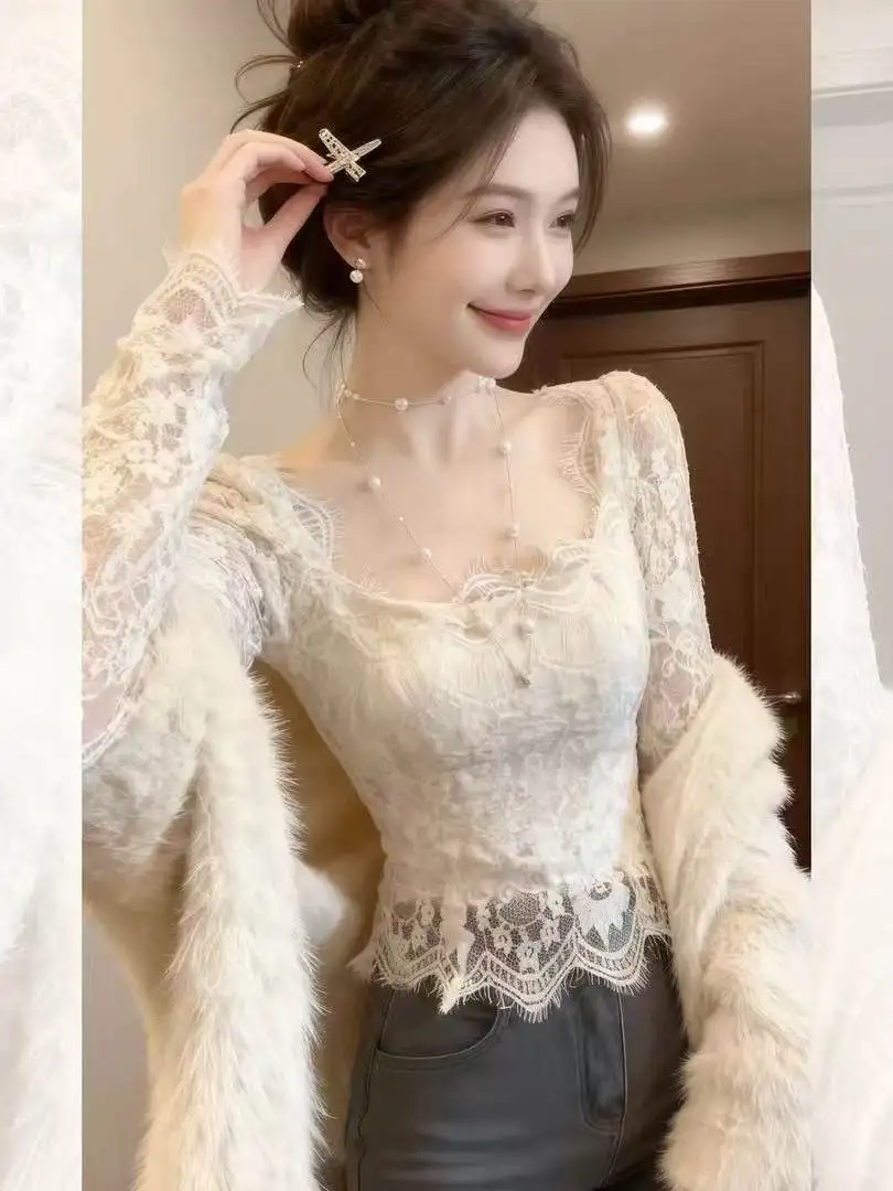 

Elegant Embroidered Long Sleeve T-Shirt Women Early Spring Spicy Lace Chiffon Top Outerwear Short Style Square Collar
