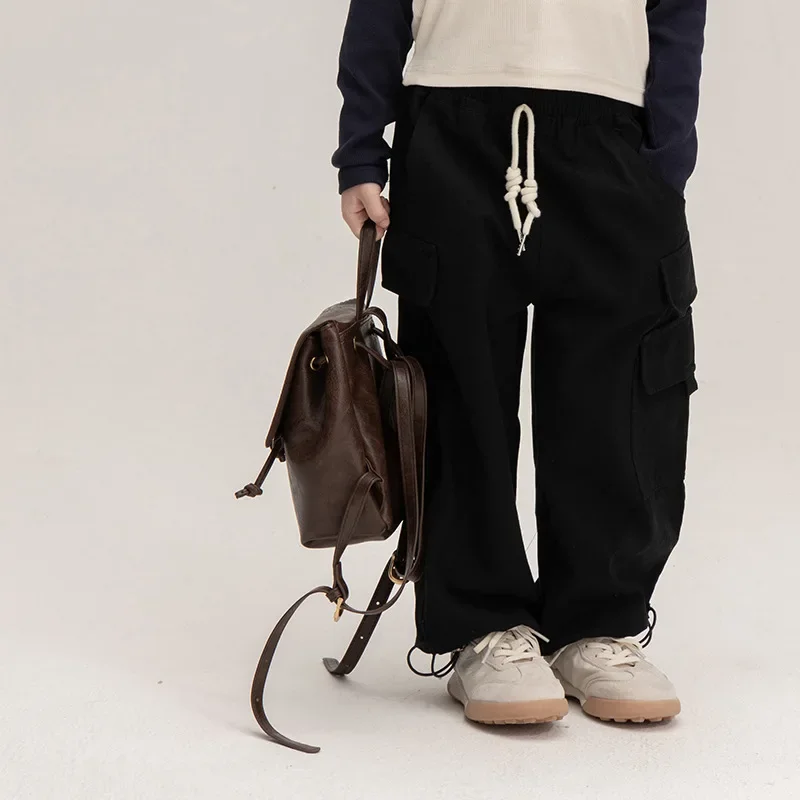 Girls Pants 2024 Autumn New Childrens Clothes Girls Baby Foreign Style Big Pockets High Waist Cargo Pants Casual Simple Daily image 4