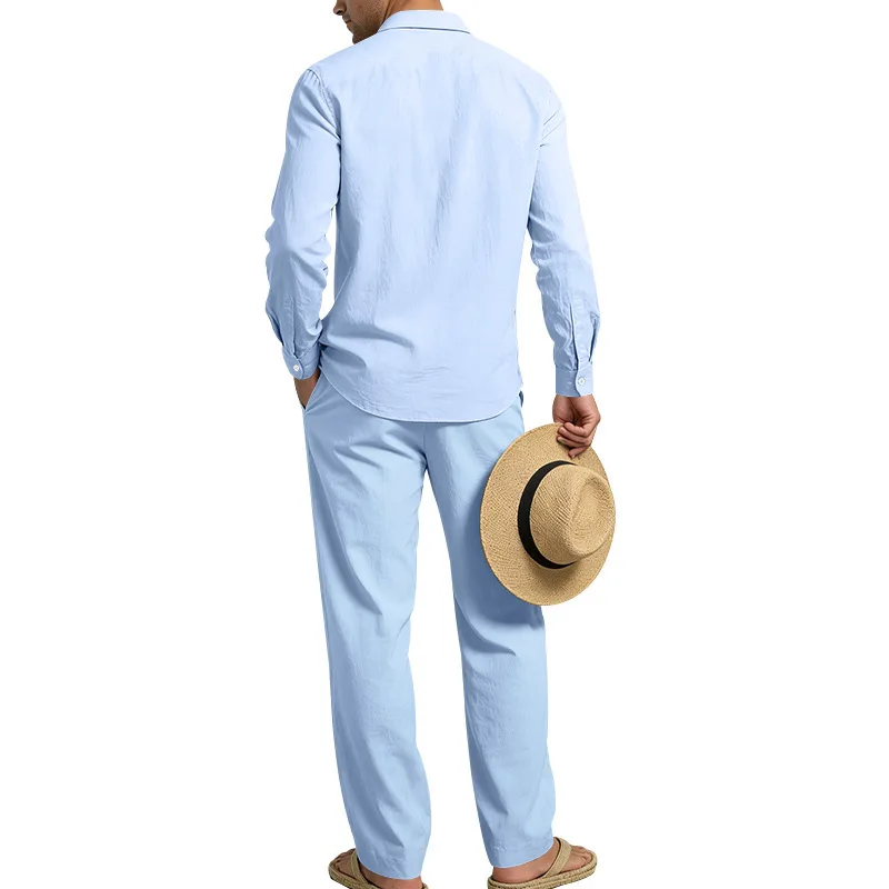 Europäisch-Amerikanisches Herren-Leinen-Freizeitset: Hemd mit Umlegekragen und Hose mit hohem Bund und Gürtel – Locker, atmungsaktiv, für Urlaub und Strand – Detail 39