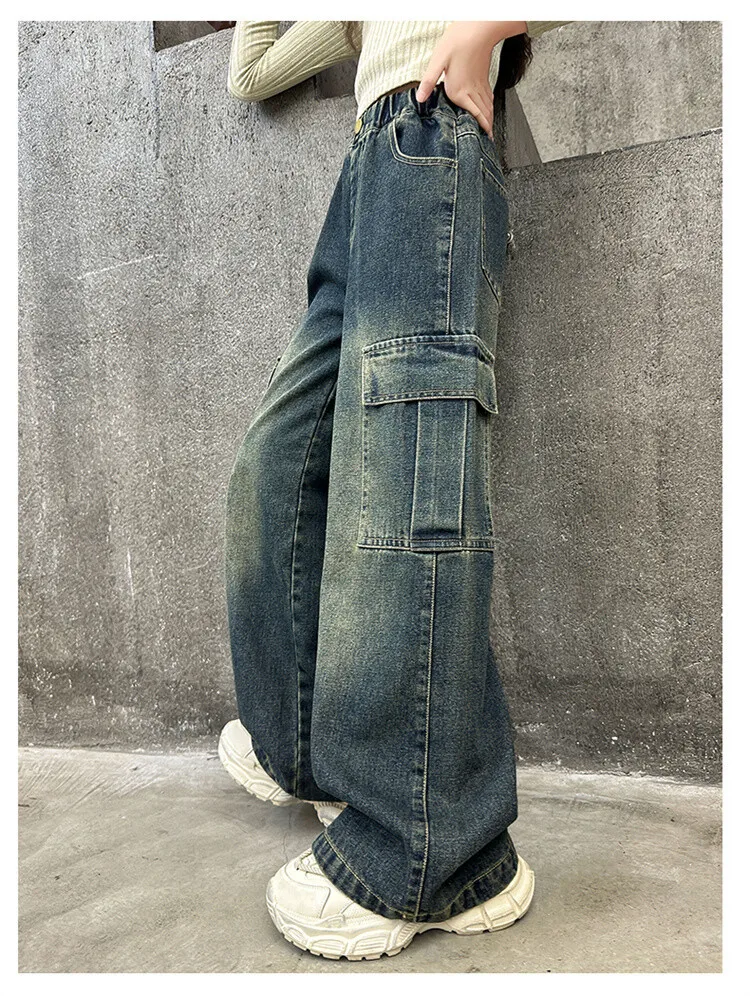 Mädchen Frühling Herbst Weitbein-Jeans 4-14 Jahre Kinder Teenager Elastische Hohe Taille Multi-Taschen Lose Lässige Streetwear-Hosen – Detail 14